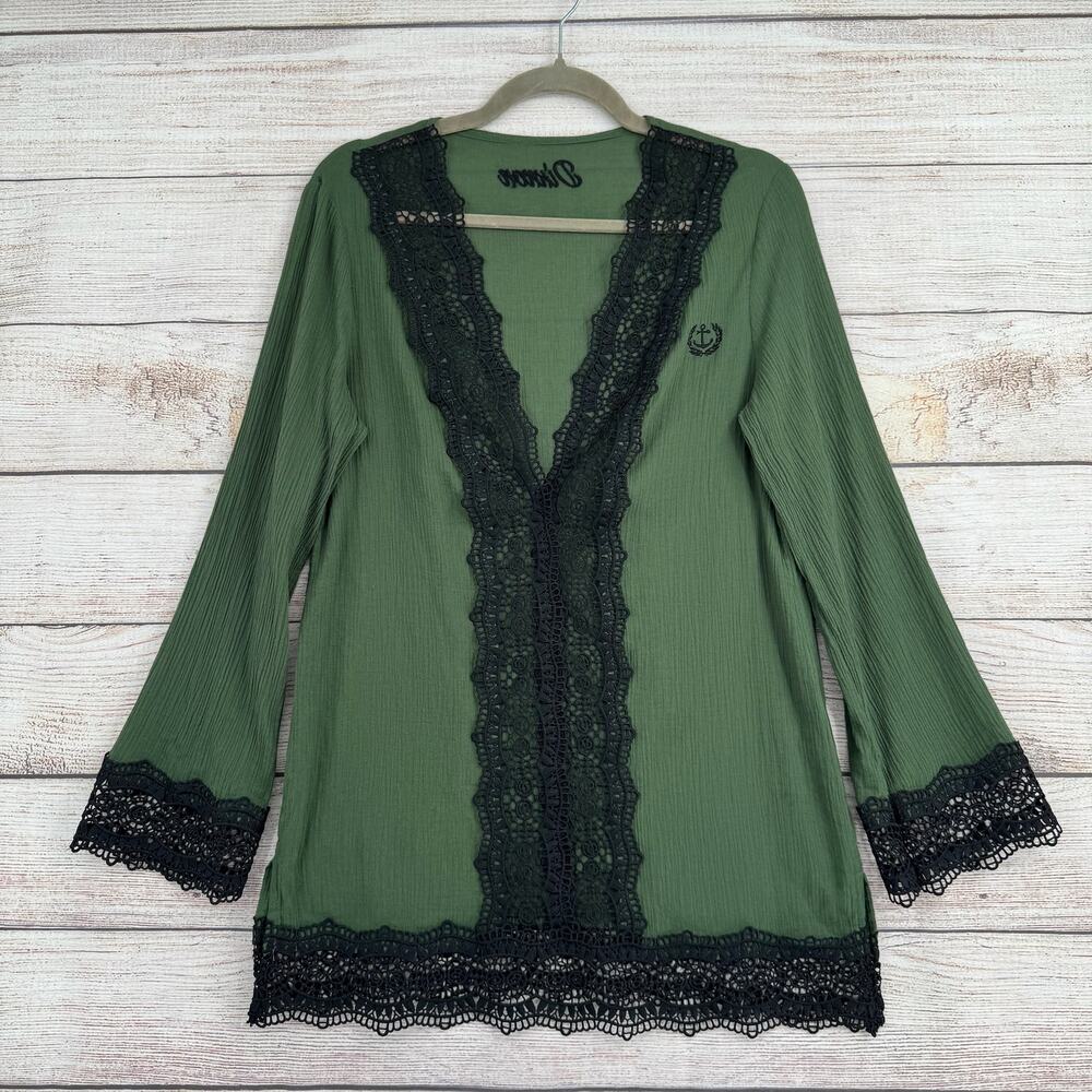 Dixxon V-Neck Crochet Embroidered Tunic Blouse‎ Womens S/M Green Black